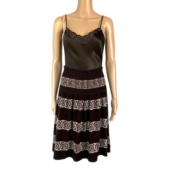 _ BCBG MaxAzria brown & white boho smocked to hips drop waist skirt - Picture 6 of 12